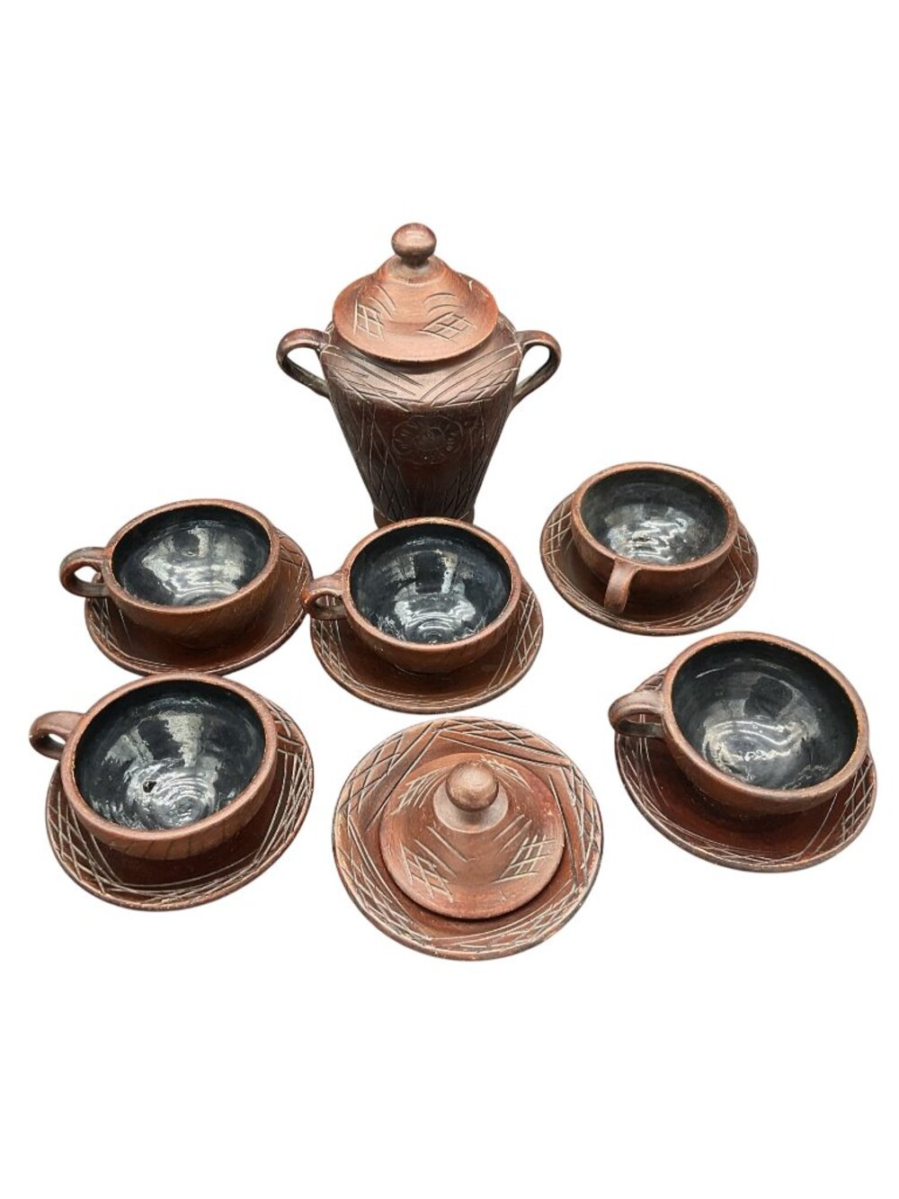 Vintage Yixing Zisha Style Urn Decanter Jar & Tea Cup & Saucer Set Ceramic